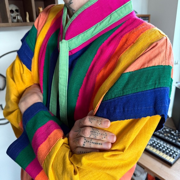 Vintage 80s Unique Wearable Art Rainbow Nu Age Crew Indonesian Jacket ~ Size M - Picture 5 of 9